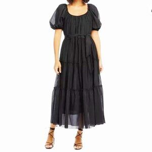 Karen Kane Black Puff-Sleeve Tiered Midi Silk blend Dress with Tie belt Size M